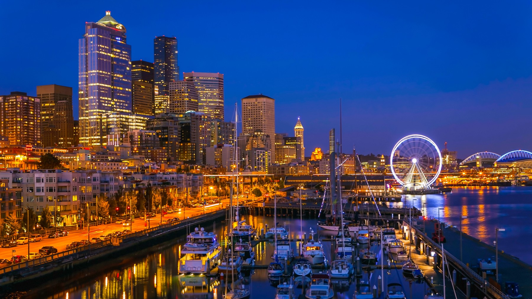 After sunset in downtown Seattle tourist area and marina